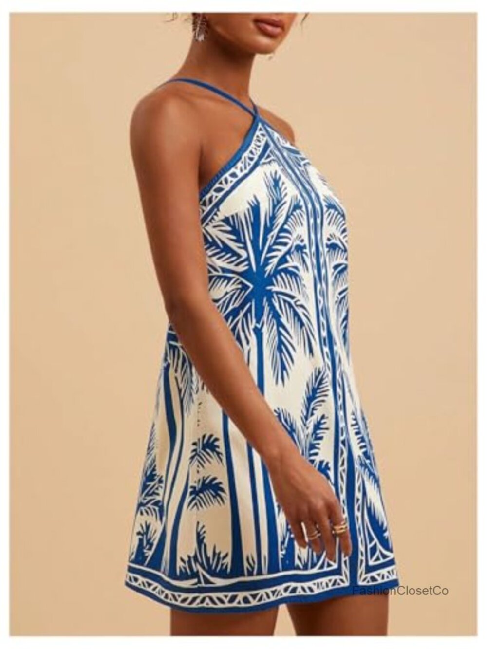 Halter Backless Mini Dress Tropical Vacation Boho Swing Dress - Picture 3 of 4